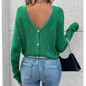 V-Cut Buttoned Back Green Light Cardigan Textured, Long Sleeve